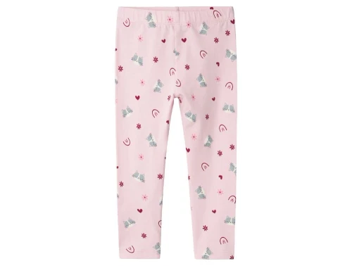 Name It leggings i rosa med print af katte, regnbuer og blomster set forfra på hvid baggrund"